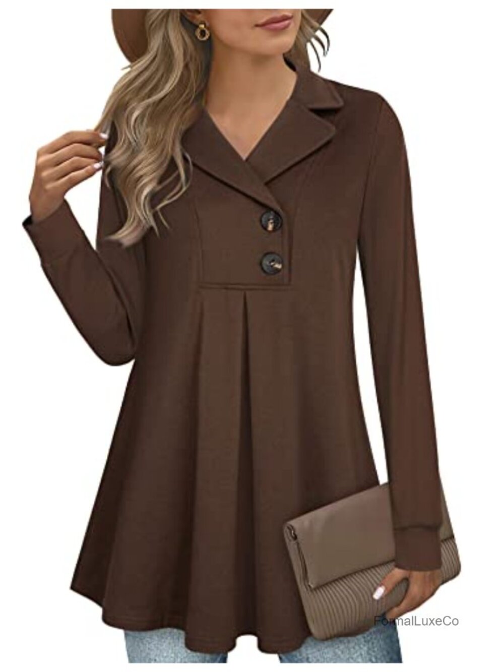 Women's Swing Tunic Notch Collar Button Sweatshirt Long Sleeve Pullover Shirt